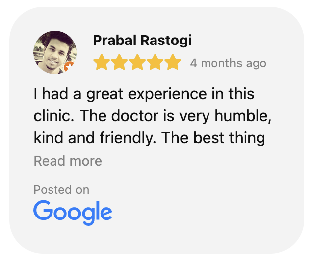 I had a great experience in this clinic. The doctor is very humble, kind and friendly. The best thing about Dr Saurabh Sinha is that he keeps you informed about the real prices for all procedures. I was able to trust the doctor for his advices.
                    Worth it. Highly recommend Dr Saurabh's treatment.